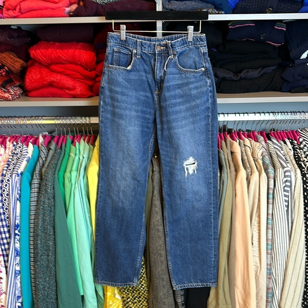 Old Navy blue high rise slouchy straight distressed jeans size girl 16